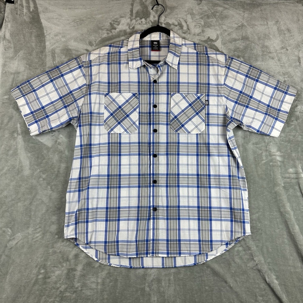 Ecko Unltd. Button Front Shirt Men's 2XB Blue White Gray Check Plaid